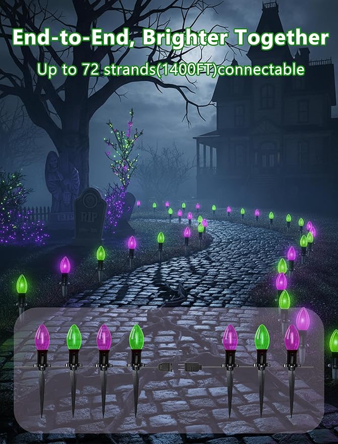 Halloween Stake Lights 10PK C9 LED Pathway Lights with Purple &amp Green Bulbs 19.5ft Outdoor Walkway Lights Waterproof Extendable Yard Driveway Porch &amp Garden Halloween Decorations
