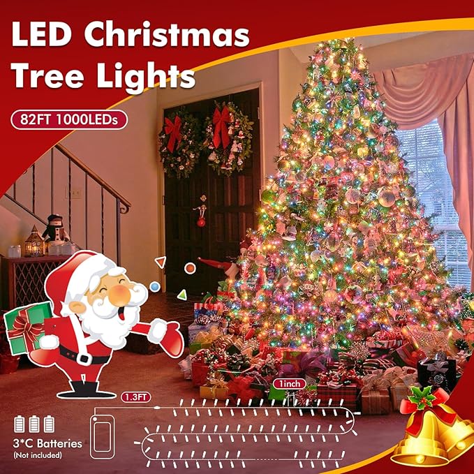 Quntis 82FT 1000LED - C Battery Powered String Lights Super Bright Cluster Lights with Timer Indoor &amp Outdoor Waterproof Decor for Home Xmas Tree Multicolored