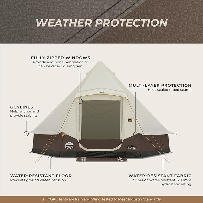 CORE 6 Person Bell Tent with LED Lights | Spacious Family Lighted Tent with Carry Bag for Camping Glamping and Backyard Adventures
