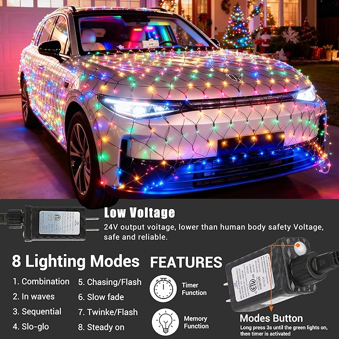 2 Sizes of Net Lights Set - 7 Pcs Outdoor Multicolor Christmas Mesh Lights with 8 ModesTimer Memory FunctionIncludes 3 * 160 LEDs 6.56 x 4.92ft + 4 * 80LEDs 3.28 x 3.93 ft + 40 Suction Cup Hooks