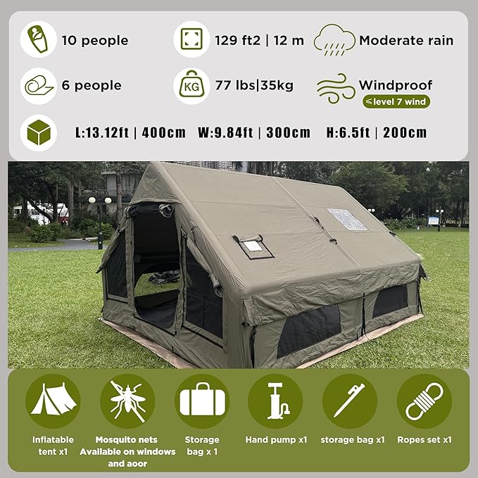 Large Luxury Inflatable Camping Tent Technology Cotton Canvas Tent for 4-6-8-10-12 People | Breathable and Waterproof Tent with Skylight and Stove Jack Suitable for Family Camping of 12 ㎡