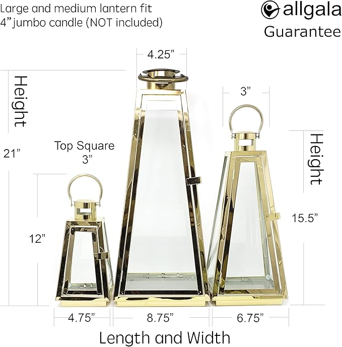 Allgala 3-PC Lantern Set 24 Inch Jumbo Deluxe Modern Indoor/Outdoor Candle Lantern Set Gold Stainless Steel Tapered Trapezoid Frame with Tempered Glass for Garden Patio Fireplace Wedding