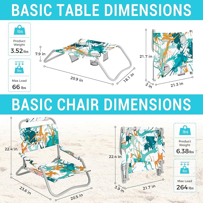 #WEJOY 2 Beach Chairs and Table Set Lightweight &amp Folding Backpack Beach Chair for Outdoor Beach Lawn Camping Picnic Cyan/Orange Beach Chairs Set