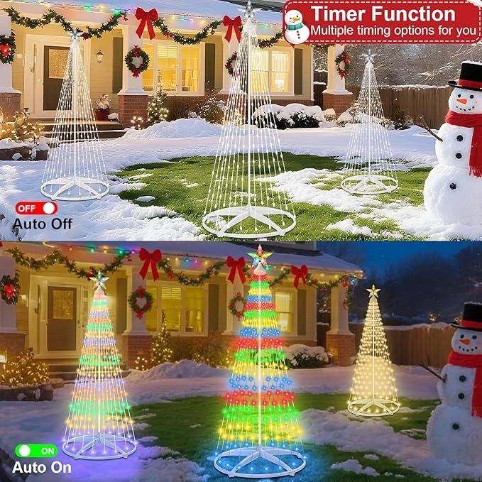 6ft Solar Powered Christmas Cone Tree Lights with Star Topper Outdoor Christmas Tree with 11 Modes Timer Remote Dimmable Waterproof for Yard Holiday Christmas Decoration Warm White &amp Multicolo