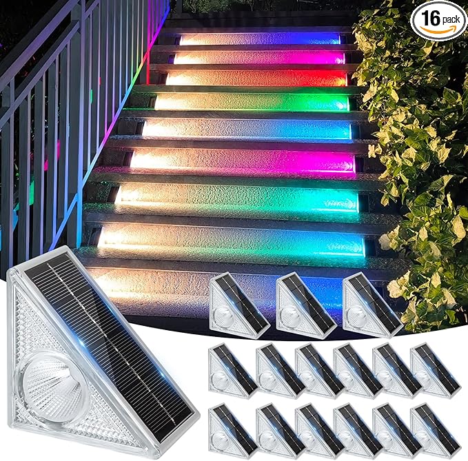 Ellasay Stair Lights Outdoor 16 Pack10 Color Modes Solar Step Lights for Outside Waterproof IP65 Solar Lights for Garden StairPatioDeckYardFront Step Front Porch Decor