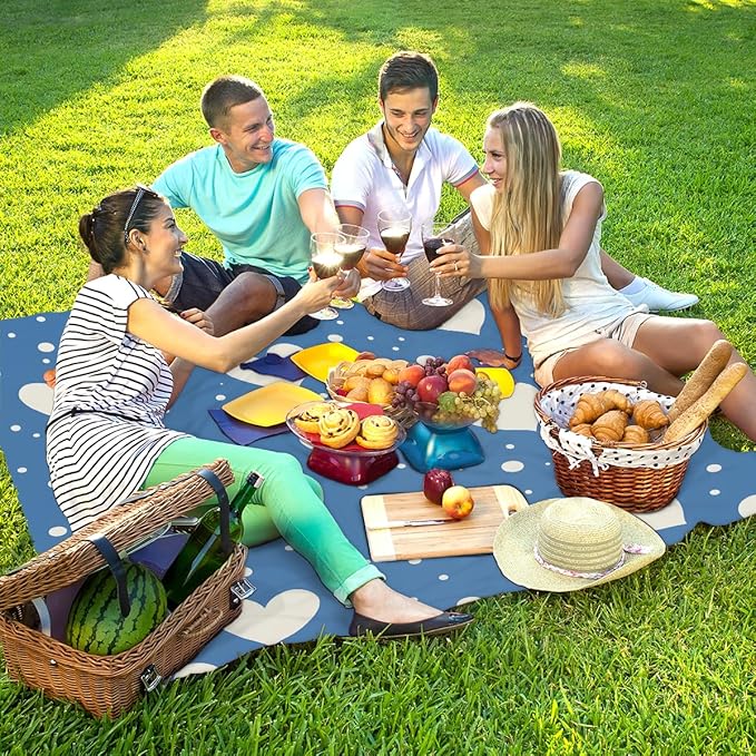 Waterproof Sandproof Beach Blanket 59''×68'' White Polka Dot Heart Polyester Outdoor Picnic Blanket with 4 Stakes &amp Storage Bag for BeachCampingVacation