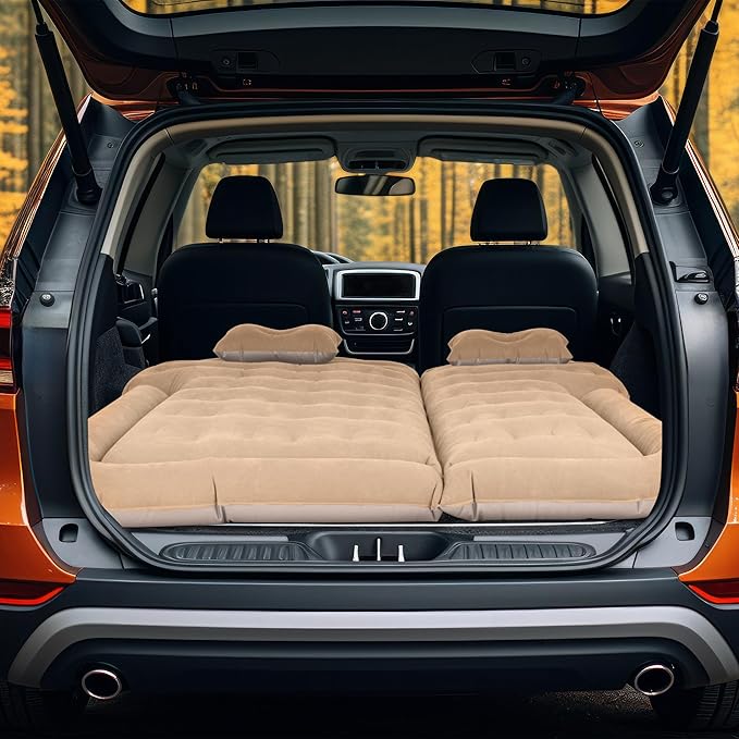 Wakeman Inflatable Mattress - Car Air Mattress for SUV or Tent with Aux Outlet Pump and 2 Inflatable Pillows - Car Camping Gear Outdoors (Beige)