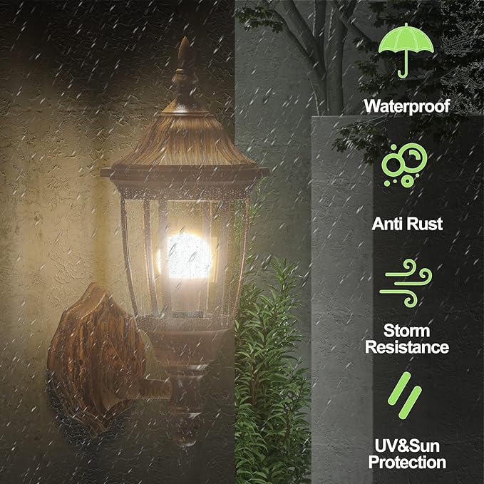 EMART Outdoor Porch Light Brushed Gold Anti-Corrosion Plastic Material Wall Mount Lantern for Backyard Garage Front Porch - 2 Pack