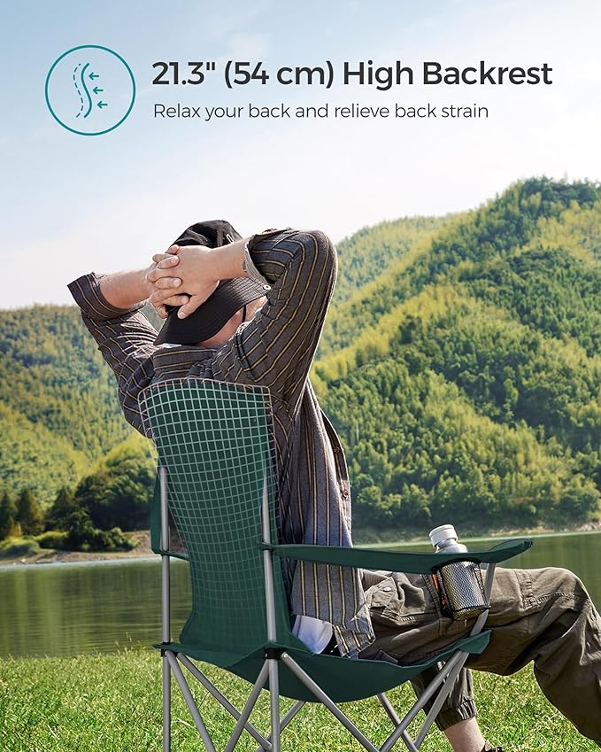 SONGMICS 2 Pack Folding Camping Chairs Load 330 lb Cup Holder and High Backrest Heavy-Duty Structure for Lawn Garden Fishing Terrace Dark Green UGCB08GN