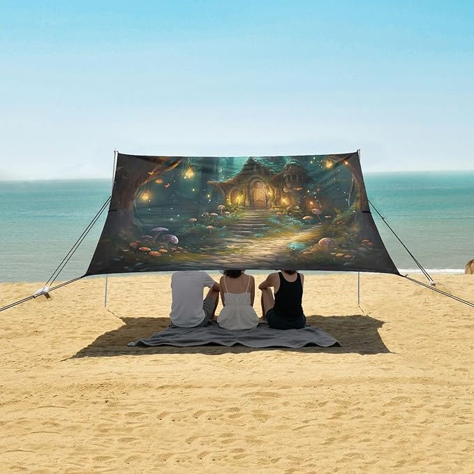 Fairy Fantasy Forest Beach Tent Sun Shelter 9.2' x 10.5' Beach Canopy with 4 Sandbags 4 Stability Poles Sand Shovels - Tent Canopy for Beach Camping Fishing Picnics