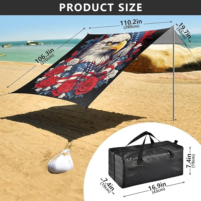 ALAZA Eagle American Flag Beach Tent Sun Shelter UPF50+ Protection Beach Shade Canopy w/ 4 Sandbags for Outdoor Camping Fishing Backyard Fun Picnic 10x9 ft