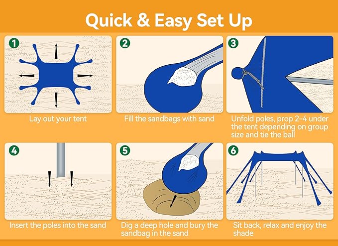 Beach Tent Beach Canopy Sun Shade with UPF50+ UV Protection 10x10ft Includes 8 Sandbags Sand Shovel Ground Pegs &amp 4 Stability Poles Pop Up Sun Shelter for Camping Picnics Backyard Fun