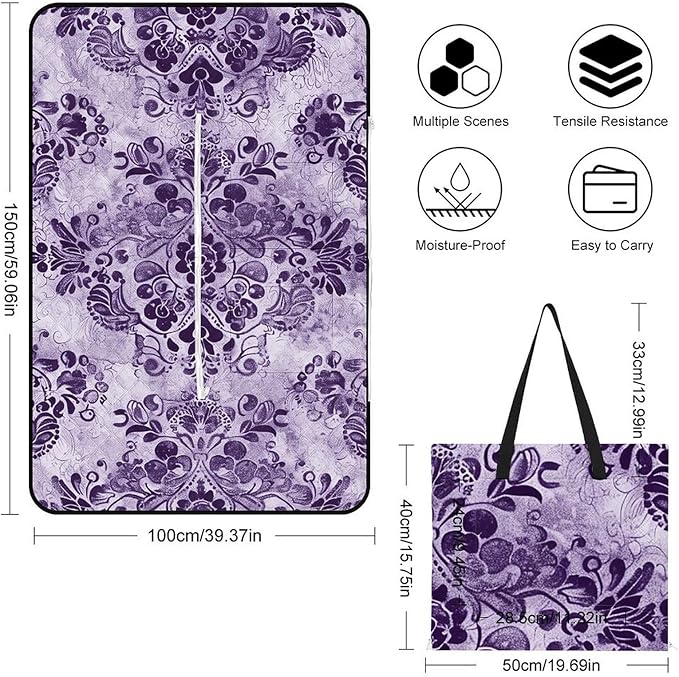 Zipper Purple Lace Pattern Style Picnic Mat Suitable for Travel Camping Park Or Home Use
