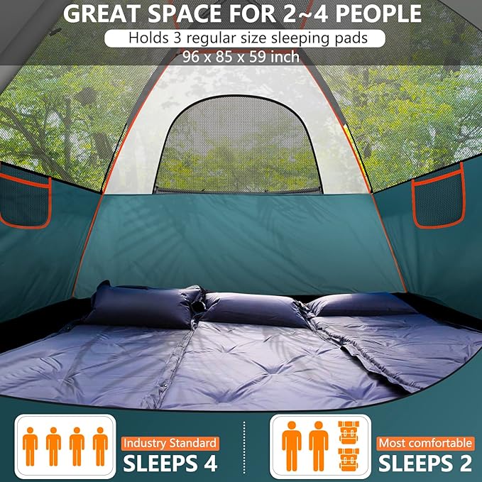 COBIZI Camping Tent 4 Person Easy Setup Waterproof Windproof Backpacking Tent with Removable Rainfly Lightweight Portable Outdoor Family Tents for Camping Travel Fishing Hiking Scouts (Green)