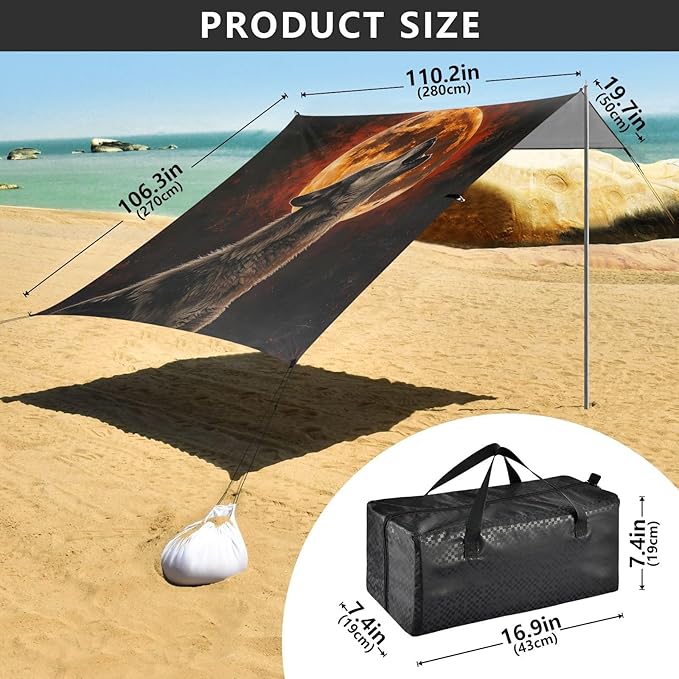 ALAZA Wild Wolf Howling Moon Beach Tent Sun Shelter UPF50+ Protection Beach Shade Canopy w/ 4 Sandbags for Outdoor Camping Fishing Backyard Fun Picnic 10x9 ft