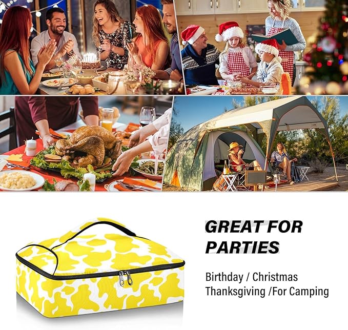 Casserole Carrier Yellow and White Cow Print PatternInsulated Casserole Carrier for Hot or Cold Food Thermal Lunch Tote for Potluck Parties Picnic Beach Fits 9 x 13 Inches Baking Dish
