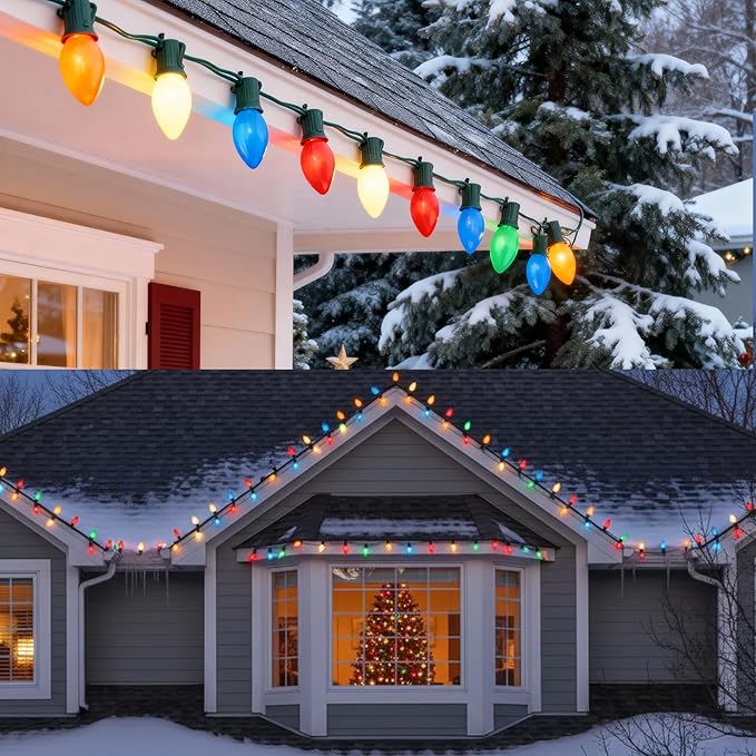 25Ft Outdoor Multicolor Ceramic Christmas String LightsC9 Vintage Opaque Christmas String Lights for Patio Garden Xmas Tree DecorationC9/ E17 Candelabra Base Green Wire