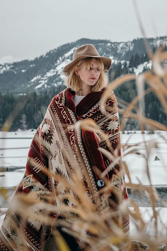 Inca Aztec Throw Queen King Blanket | Southwest Indian Navajo Boho Style | Native Cover for Camping Bedding Couch Vanlife | Faux Alpaca Lightweight Hypoallergenic (Vinincunca Maroon Throw)