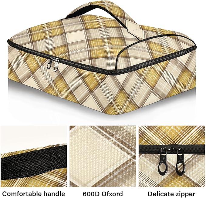 Casserole Carrier Yellow and Brown Tartan Print Pattern Insulated Casserole Carrier for Hot or Cold Food Thermal Lunch Tote for Parties Picnic Travel Carry Bag