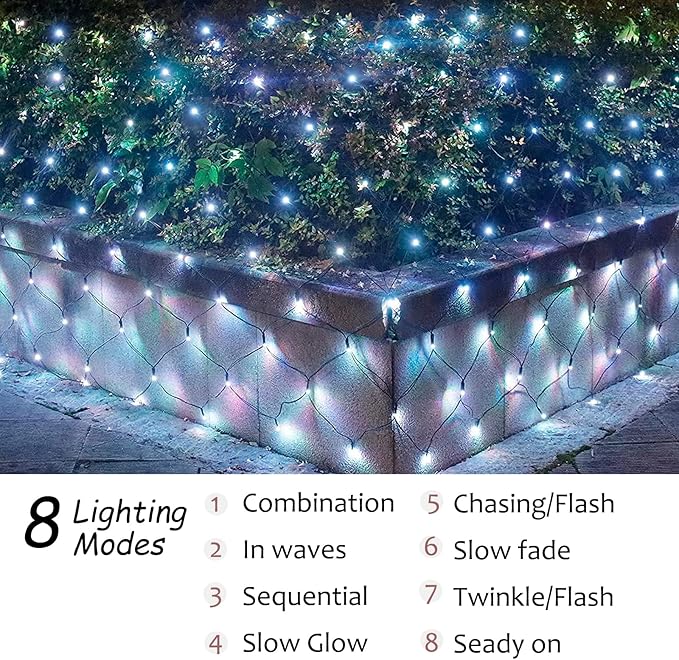 11.5FT x 5FT Solar Christmas Net Lights Outdoor with Remote 240 LED USB Cool White Mesh Lights for Bushes Waterproof 8 Modes Green Wire Christmas Trees Light Patio Indoor Decor