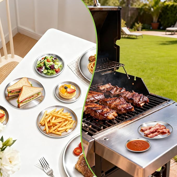 8 Stainless Steel Plates 7.8 inch Small 201 Metal Camping Plate Reusable Food Serving Dish Snack Eating Dishes Round Shatterproof Brushed Finish Silver Dish for Dinner Oven Dishwasher Safe