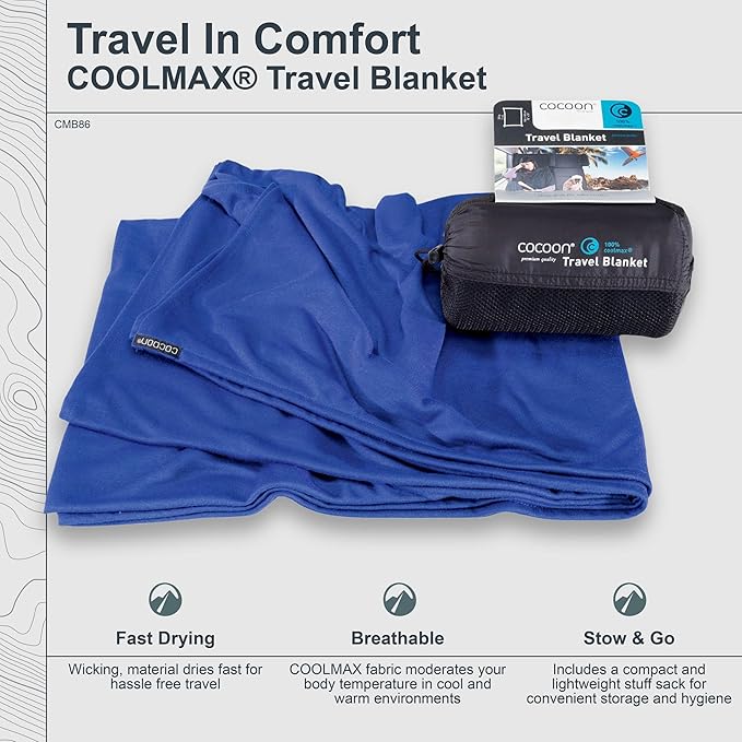 cocoon - Coolmax Travel Blanket | Compact Throw Blanket for Camping and Hiking | Fits in Backpack | Attaches to Luggage | Travel Essential | Fast Drying (Regular 70 x 55)