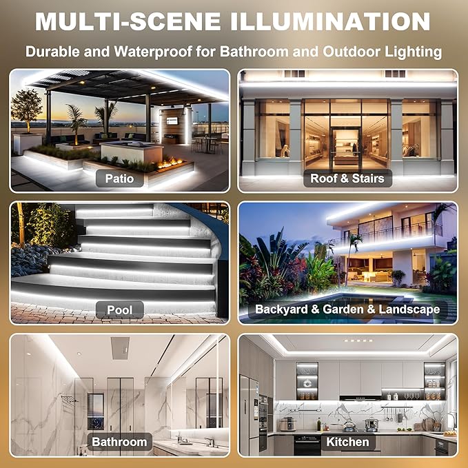 IP67 Waterproof COB LED Strip Lights AC 110V-120V Direct Plug 66FT Super Bright Outdoor Strip Lights with Double Fuse Controller 6500K White LED Strips for Garden Patio Commercial Decor