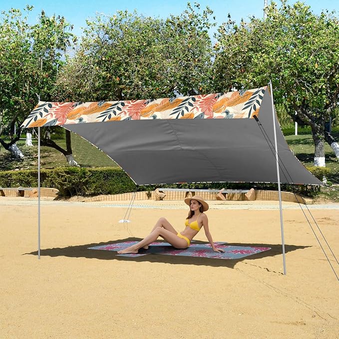 Camping Sun Shelters Tropical Leaves Pattern Print Beach Canopy 126 * 110.2in