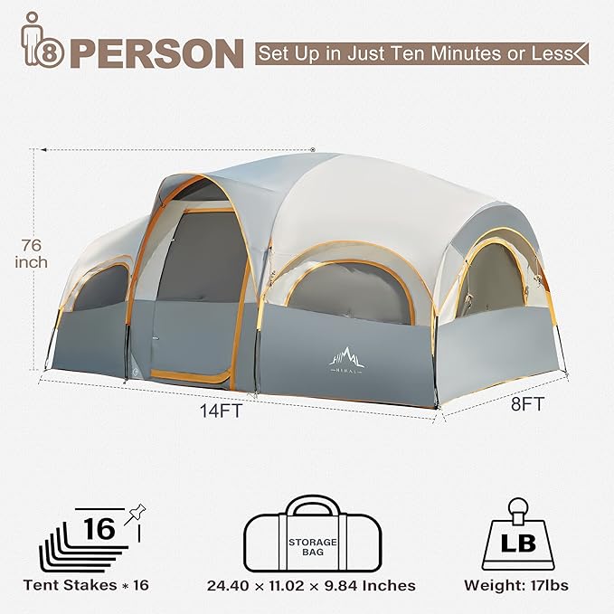 8 Person Tent for Camping Waterproof Windproof Family Tent with Rainfly Divided Curtain Design for Privacy Space Portable with Carry Bag