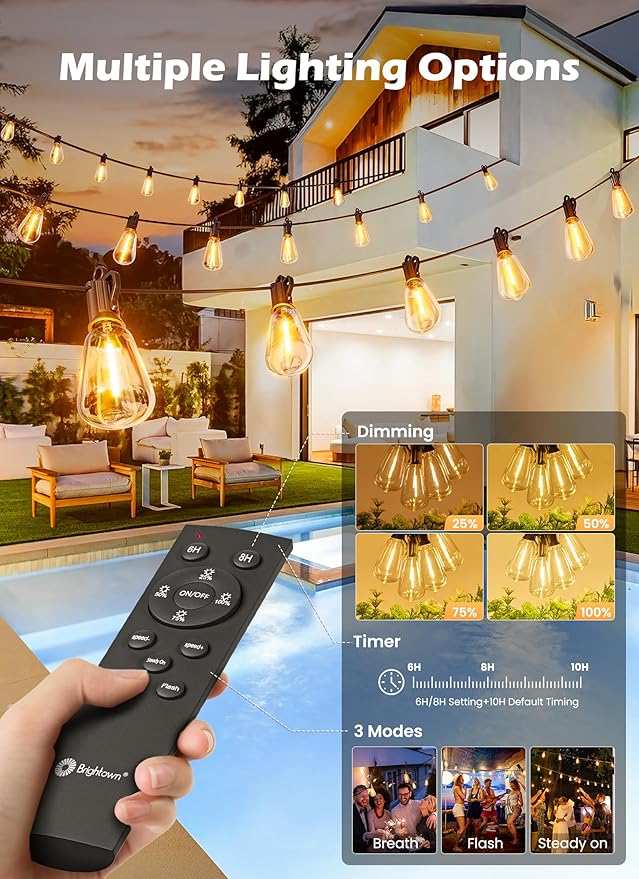 Brightown Solar String Lights Outdoor Waterproof 75FT with 35 Shatterproof ST38 LED Bulbs 2700K Solar Lights Outdoor with Remote Solar String Lights for Outside Camping Yard Party Decor