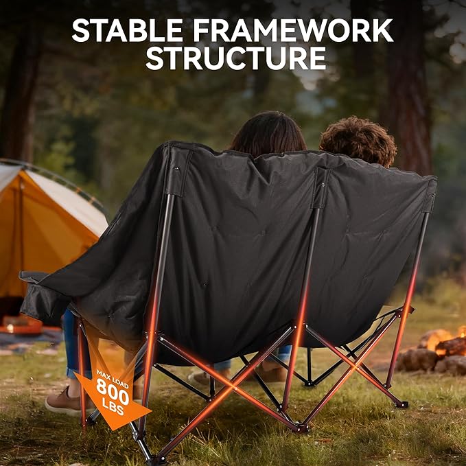 High Back Double Camping Chair 2 Person Camping Chair Low Seat Loveseat Camping Chair Fully Padded Oversized Camping Couch for Adults - Supports 650 LBS with Cup Holders Carry Bag - Black