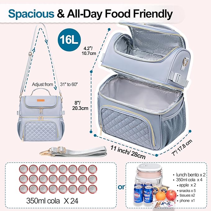 Lunch Bags for Women Dual Compartment Lunch Box Lunch Bag for Work Leakproof Lunch Cooler Large Insulated Lunchbox for Adult for Women Men Lunchbag for Picnic Beach (Gray)