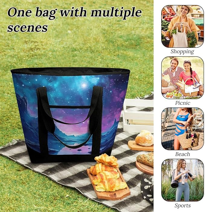 Insulated Shopping BagLarge Reusable Cooler Bags Cool Star River Printed Foldable Shopping BagTravel Waterproof Shoulder Bag