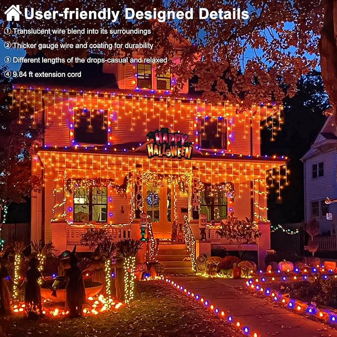 66ft Orange Halloween Lights Outdoor 640LED Icicle Lights for Outside Indoor Twinkle Christmas Light with Connectable Clear Wire 8 Modes Timer Waterproof for House Party Tree Holiday Yard Patio Decor