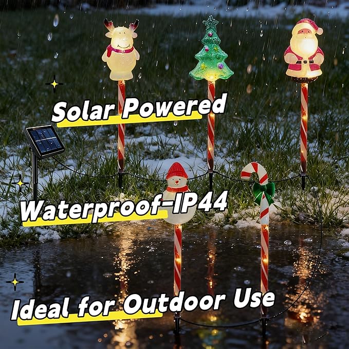 5 Pack Christmas Pathway Lights-Solar Powered Outdoor Garden Snowman Santa Claus Elk Christmas Tree Candy Cane Path Lights Landscape Lighting Waterproof Decorative Lights