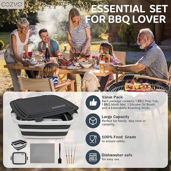 6-in-1 Collapsible BBQ Prep Tub &amp Marinade Container with Locking Lid | 20 Multifunction Camping Sink Portable Cutting Board and Food Storage Bin for Grilling Picnics Tailgating - Black