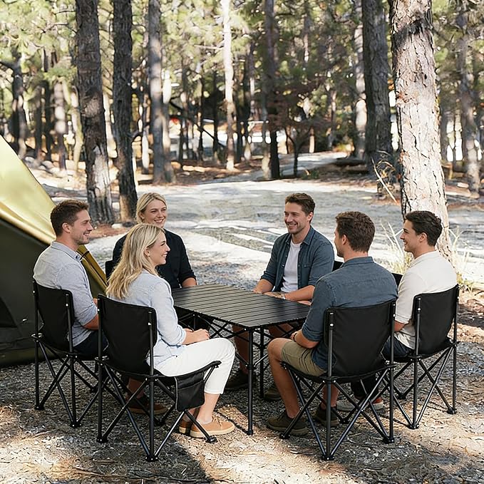 Camping Table Folding Portable Camp Table with 6 Chairs Folding Picnic Table with Carry Bag Indoor Outdoor for Camping Beach Patio RV Backyard BBQ Sturdy Stable Easy to Carry Black