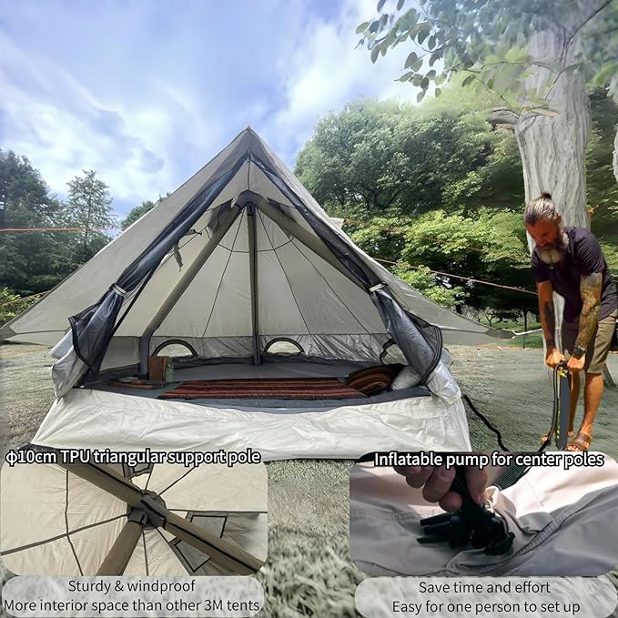 DANCHEL OUTDOOR B2I Inflatable Camping Tent 9.8ft No Center Pole Lightweight Blow Up Bell Tent with Stove Jack Skylight Pump Waterproof 300D Oxford Glamping Yurt for 1-3 Person Family