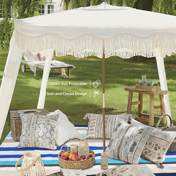 AMMSUN Beach Cabana with Beach Blanket 6.5' x 6.5' Boho Canopy with Tassels Premium Wood Pole Fringe Cabana Tent with Sand Pockets Instant Sun Shade for Sand Garden Outdoor Elegant White