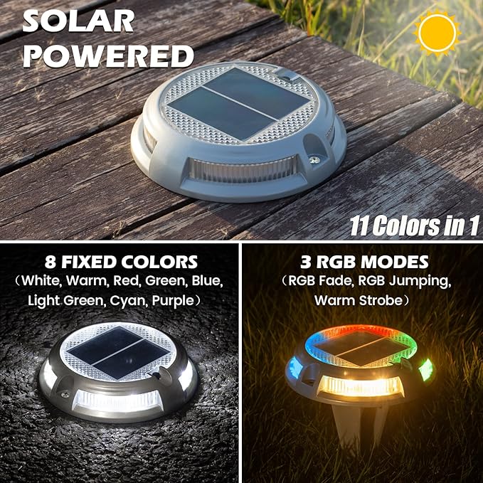 SIEDiNLAR Solar Driveway Lights Outdoor 16 LEDs 9 Modes Dock Markers Deck Lights Waterproof Warning for Driveway Ground Step Walkway Pathway Yard Garden RGB (16 Pack)