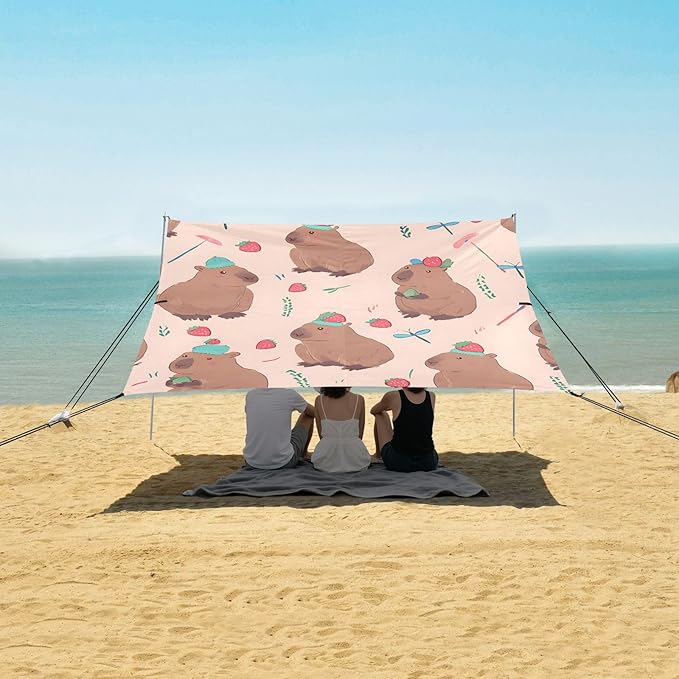 Capybara Strawberry Pattern Camping Sun Shelter Beach Tent Portable Beach Sun Shade Outdoor Canopy for Camping Trips Fishing Picnic