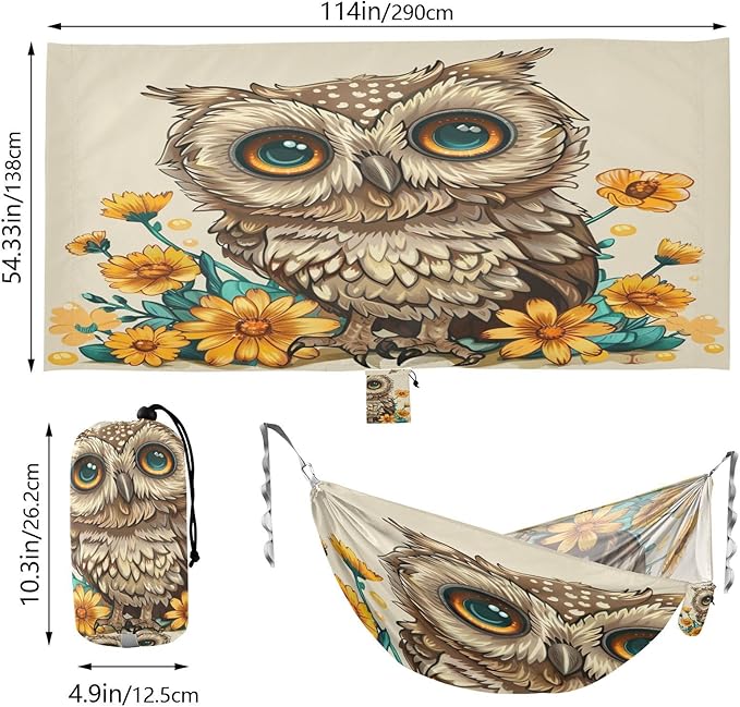 ALAZA Cute Owl Flowers Camping Hammocks Single or 2 Person 500 lbs Portable Parachute Travel Hammock w/Tree Straps for Hiking Backpacking Indoor Outdoor