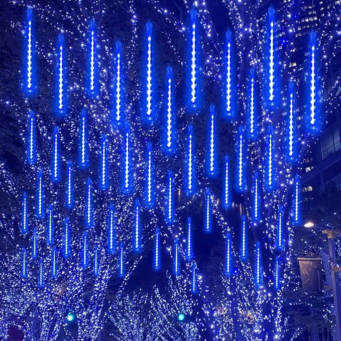 2 Pack Extendable Christmas Lights Decorations Outdoor 16 Tubes 384 LEDs Meteor Shower Lights with Timer Cascading Falling Raindrop String Light Plug in for Holiday Graden Yard Tree Xmas Decor (Blue)