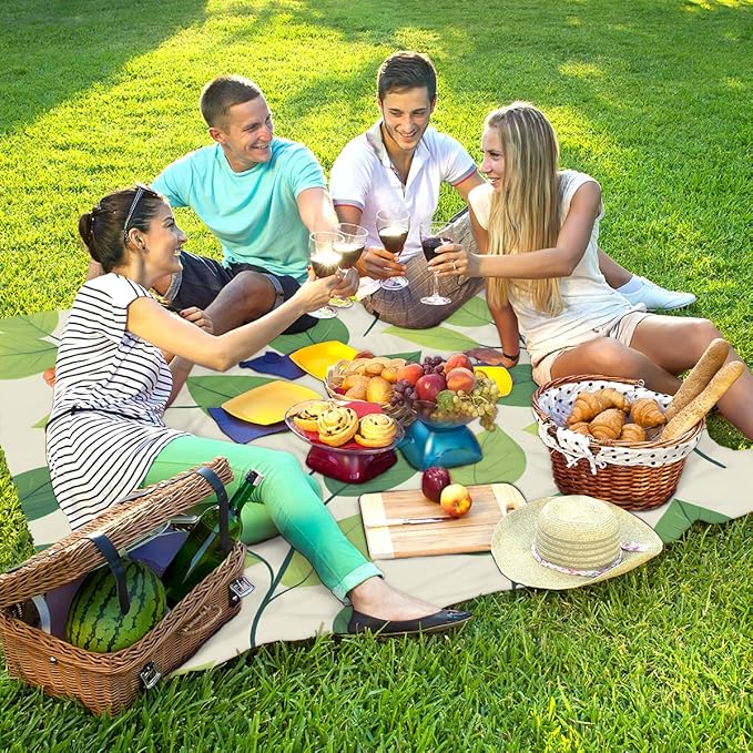 Waterproof Sandproof Beach Blanket 59''×68'' Seamless Patter Leaves Polyester Outdoor Picnic Blanket with 4 Stakes &amp Storage Bag for BeachCampingVacation