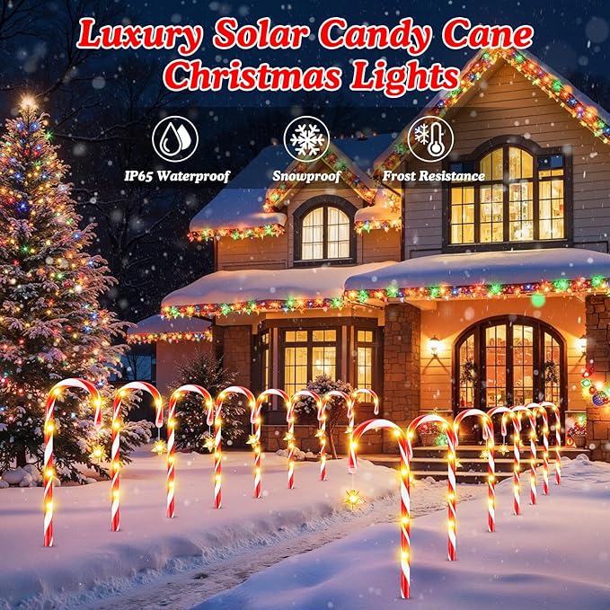 WdtPro 24-Pack Upgraded Solar Christmas Candy Cane Lights Solar Pathway Lights Waterproof Christmas Decorations Outdoor with 10 Modes and Bright 144 LED for Yard Garden Lawn Patio Party Decor