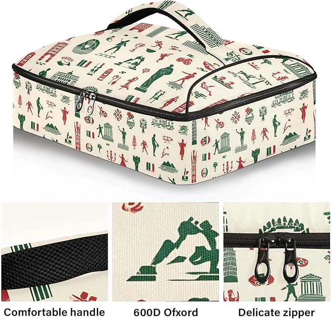 Casserole Carrier Red and Green Italian Pattern PrintInsulated Casserole Carrier for Hot or Cold Food Thermal Lunch Tote for Potluck Parties Picnic Beach Fits 9 x 13 Inches Baking Dish