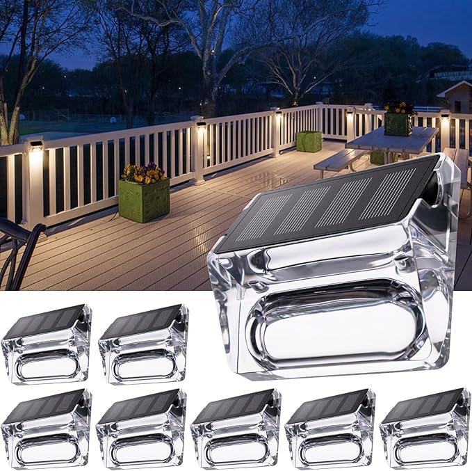 Solar Outdoor Lights 8 Pack Solar Fence Deck Lights Waterproof Outside Lighting for Step Railing Wall Pool Stair Yard Garden Patio Pool Decorations (Warm White)