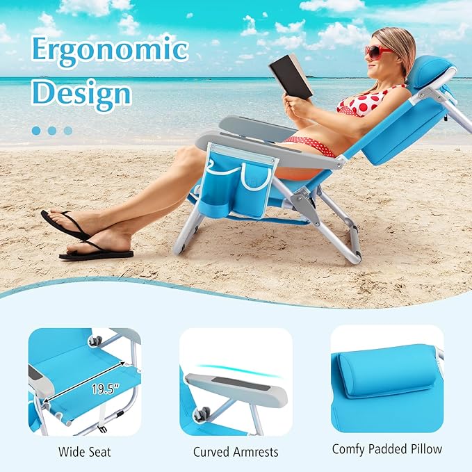 GYMAX Beach Chair 330lbs Backpack Lounger with 5-Position Backrest Storage Bag Side Pocket Towel Bar &amp Headrest Foldable Low Beach Lounge Portable Aluminum Lay Out Camp Chair (2 Light Blue)