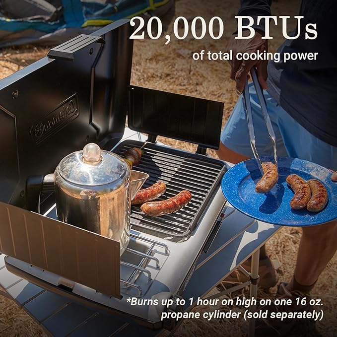 Coleman Tabletop 2-in-1 Grill &amp Stove with 2 Adjustable Burners Propane Grill/Stove with Push-Button Starter Wind Guards Grease Tray &amp 20000 BTUs of Power for Camping Tailgating &amp M