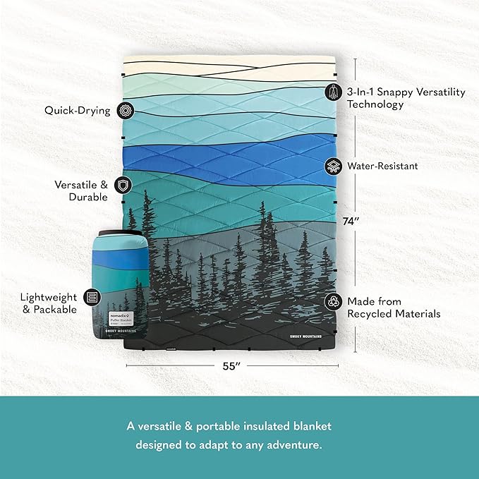 Nomadix Smoky Mountains Puffer Blanket – Water-Resistant Eco-Friendly Insulated Blanket with Snaps for Camping Beach and Travel Made from Recycled Materials
